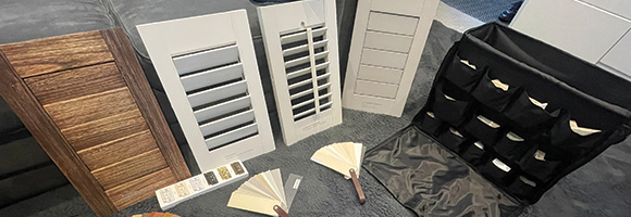 a variety of different shutter samples with colour, grain and hinge samples